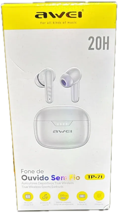 Fone de ouvido sem fio Awei TP-71 com 20 horas de bateria na embalagem