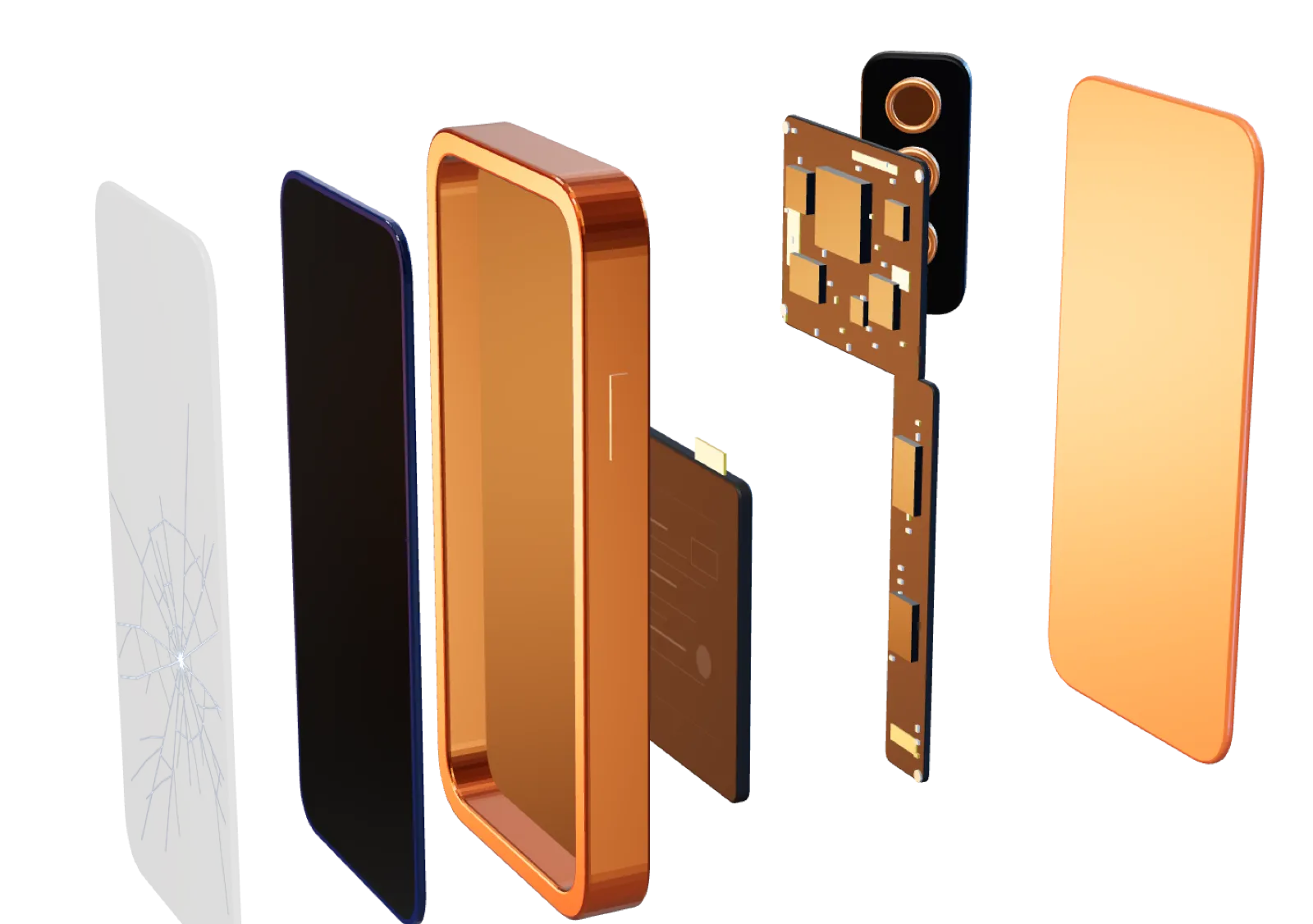 Celular genérico desmontado em camadas: vidro, tela, estrutura, bateria, placa, câmera e tampa