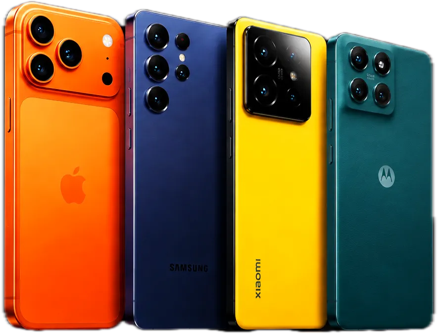 Quatro celulares coloridos: iPhone laranja, Samsung azul, Xiaomi amarelo e Motorola verde