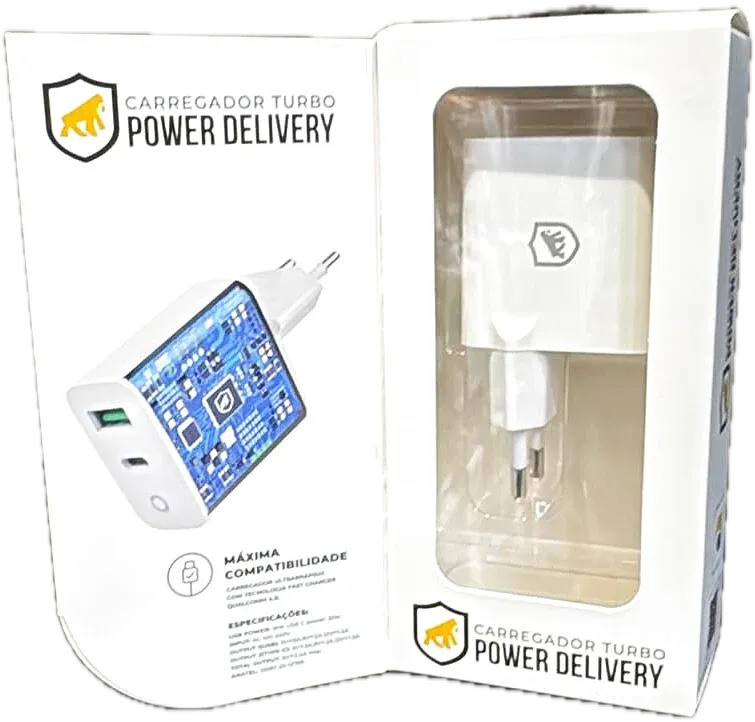 Carregador turbo Power Delivery na embalagem