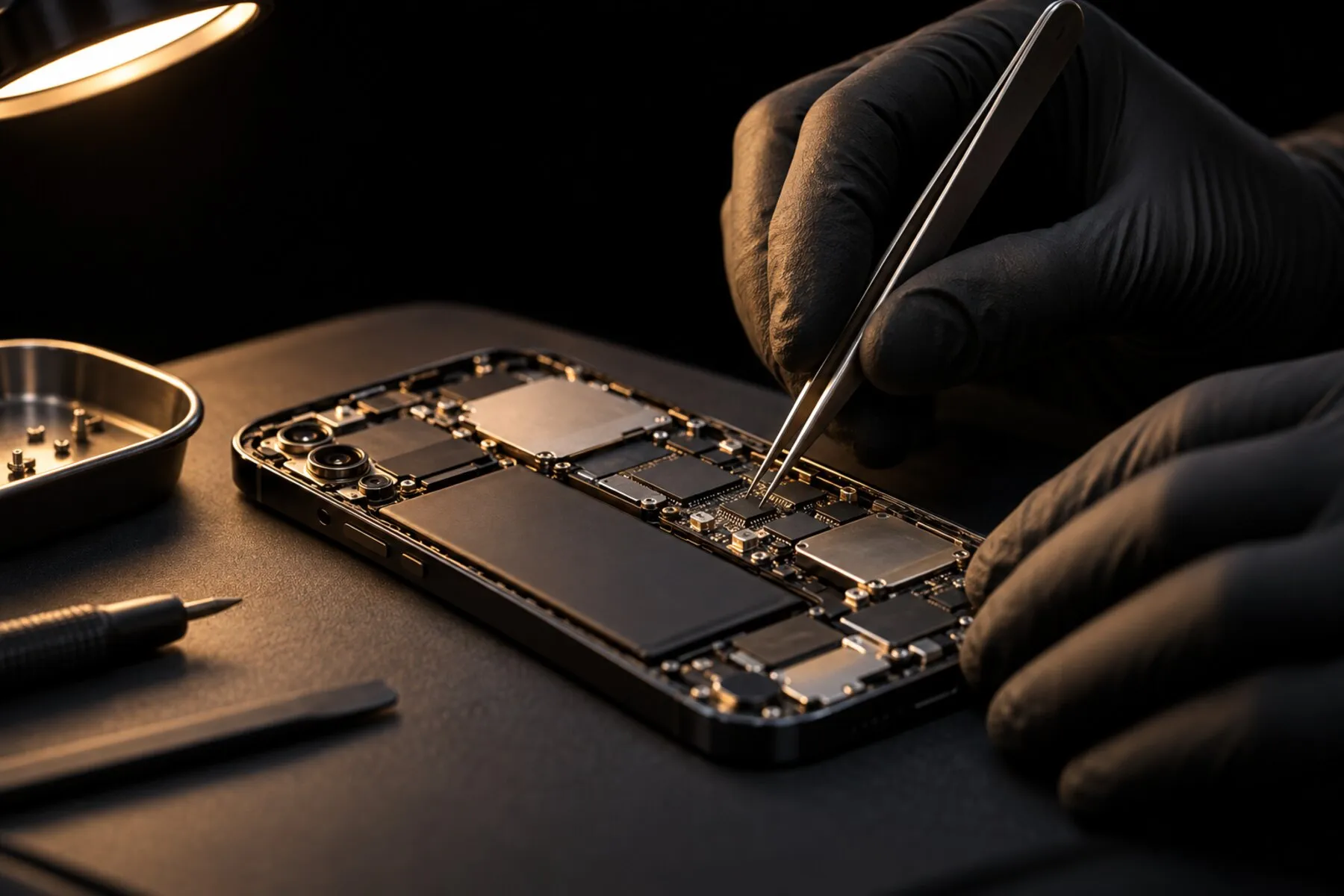 Bancada de assistência técnica com ferramentas de reparo de celulares